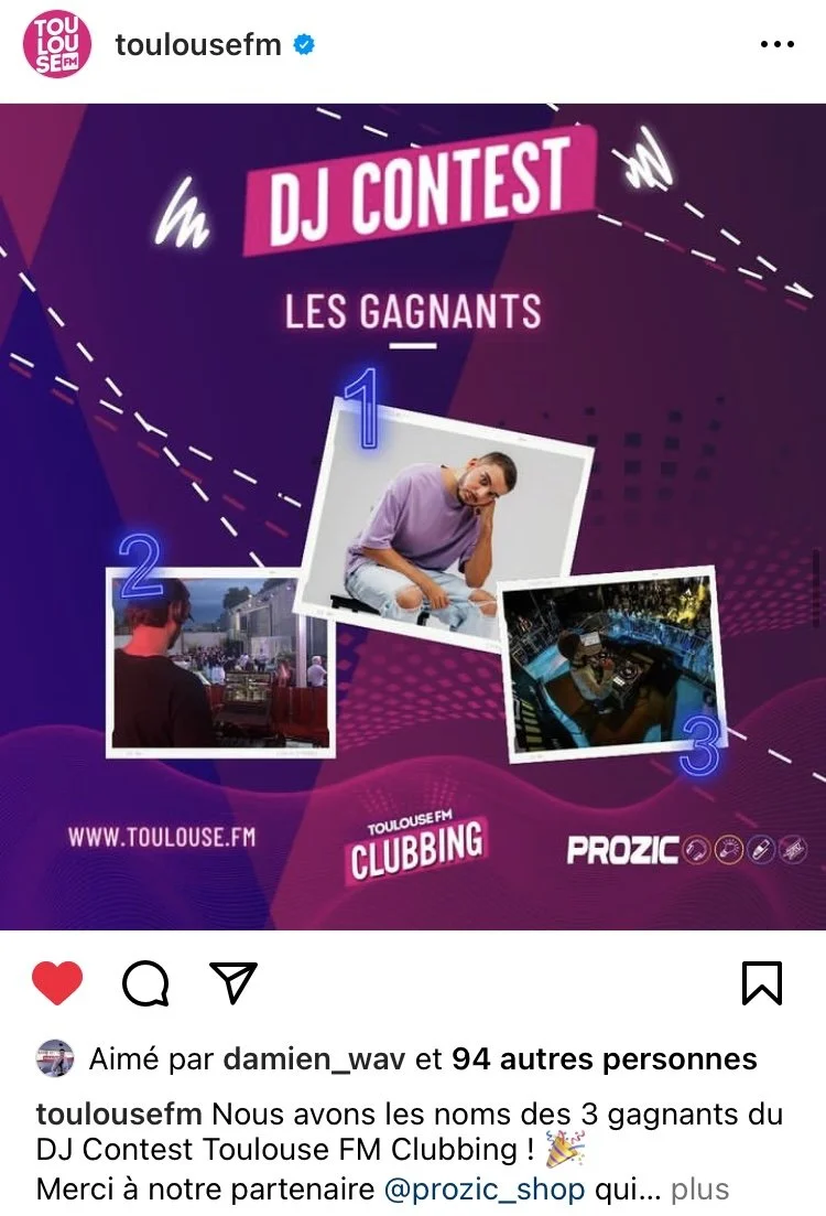 Post Instagram de Toulouse FM annonçant les gagnants du concours de DJ, avec trois photos des gagnants, le logo Toulouse FM et informations sur le concours.