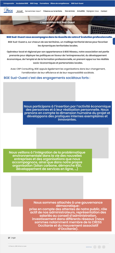 Page Web de l'association BGE Sud-Ouest avec sections sur leur mission, engagements et valeurs, incluant texte en français sur leur soutien à l'entrepreneuriat et au développement durable.