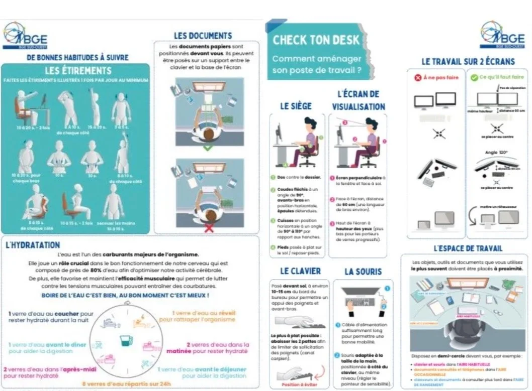 Infographie avec conseils pour bien s'installer et organiser son espace de travail à un bureau, incluant des conseils pour la gestion des documents, l'hydratation, la posture et l'utilisation des écrans.