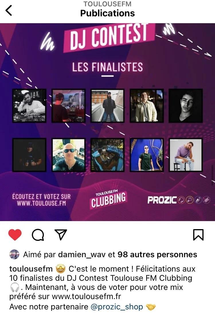 Annonce pour le concours de DJ Toulouse FM avec les finalistes et invitation à voter en ligne.