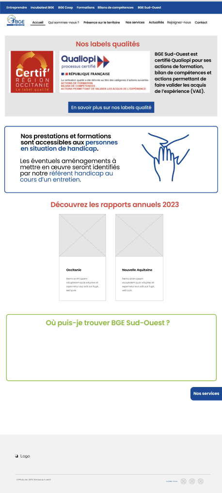 Page d'accueil du site BGE Sud-Ouest, présentant la certification Qualiopi, des informations sur les services et formations accessibles aux personnes en situation de handicap, et des liens vers les rapports annuels 2023.