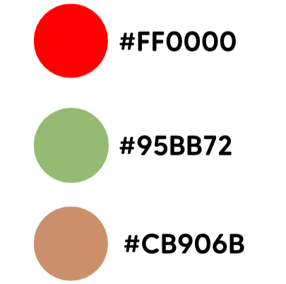 Nuancier de couleurs avec trois cercles : rouge, vert pâle, beige, accompagnés de leurs codes hexadécimaux.