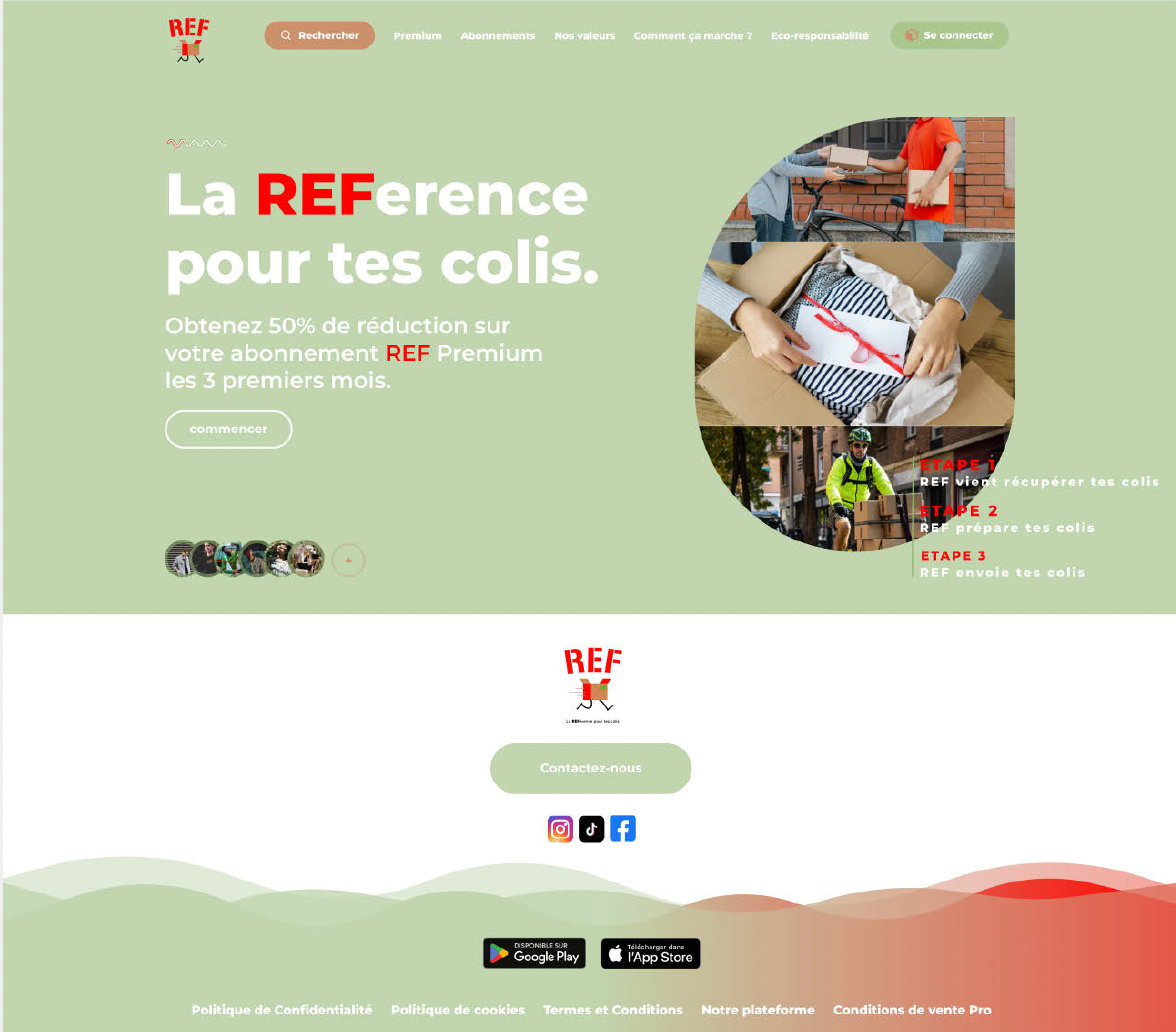 Plaquette Figma, page d'accueil d'un site web proposant une offre de réduction sur les abonnements de livraison de colis avec une étape pour récupérer et préparer les colis, comprenant des images de livreurs et de paquets de colis.