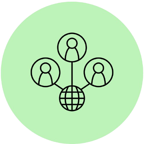 Un diagramme de réseau montrant un globe terrestre connecté à trois icônes de personnes, symbolisant la connectivité mondiale ou la communication en ligne.