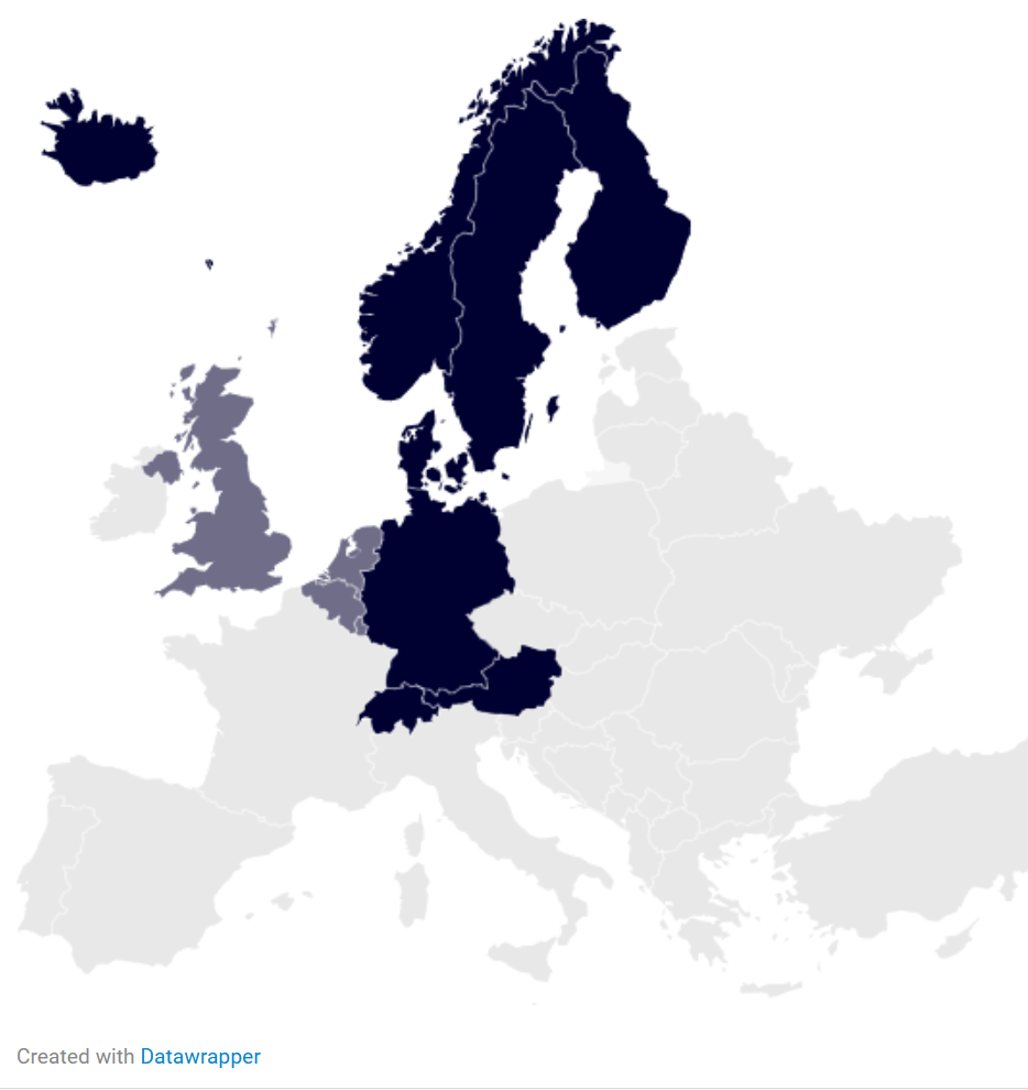 A map of Europe highlighting the countries in navy blue, including the United Kingdom, Ireland, Norway, Sweden, Finland, Denmark, Germany, Poland, Czech Republic, Austria, Switzerland, Italy, Spain, Portugal, Greece, Turkey, several Balkan countries, and some others, with other countries in light gray.