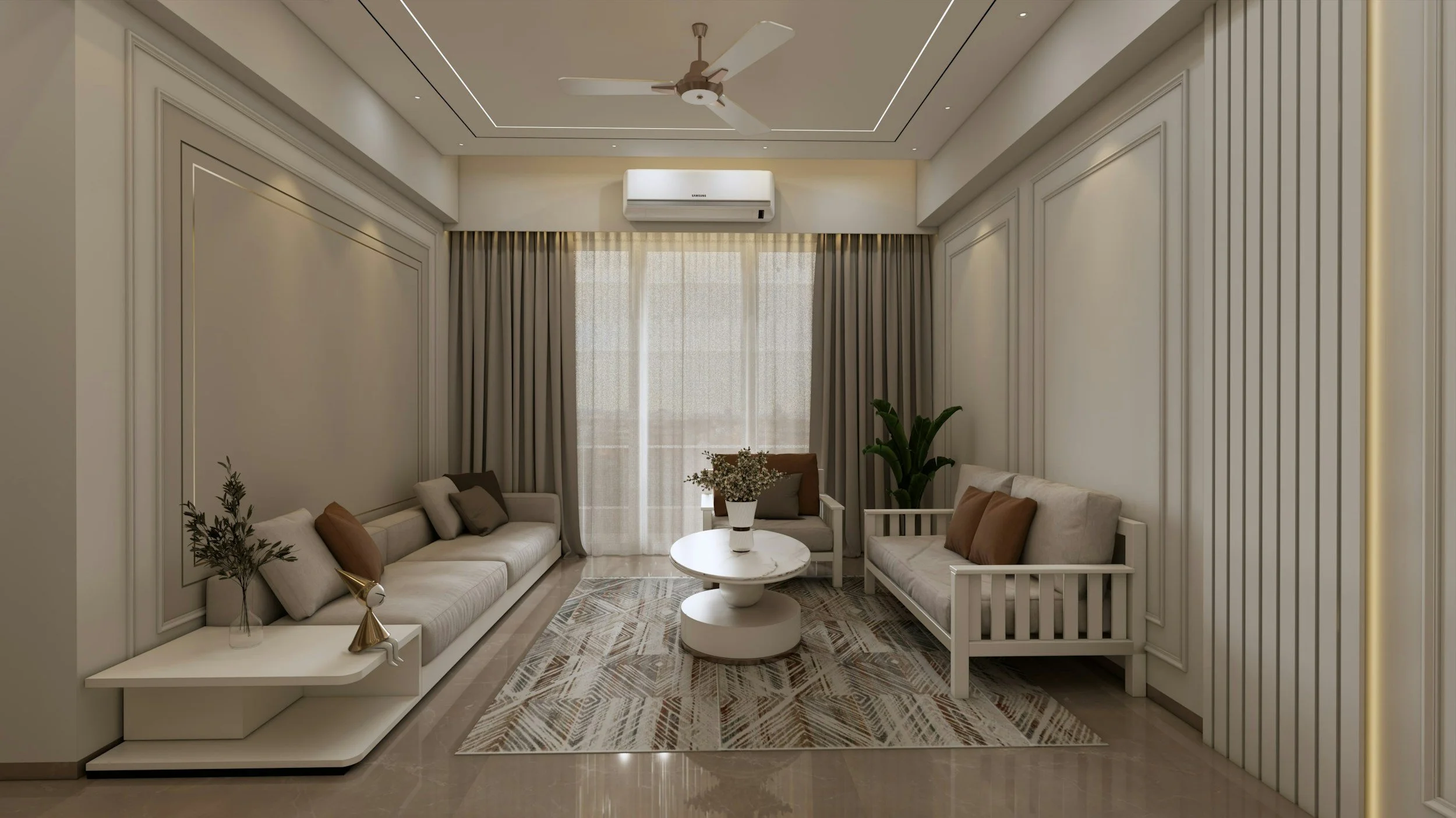 A modern living room with two white sofas, a round marble coffee table, a potted plant, and beige curtains in front of a large window. Ceiling has a fan and recessed lighting, and there is an air conditioning unit on the wall.