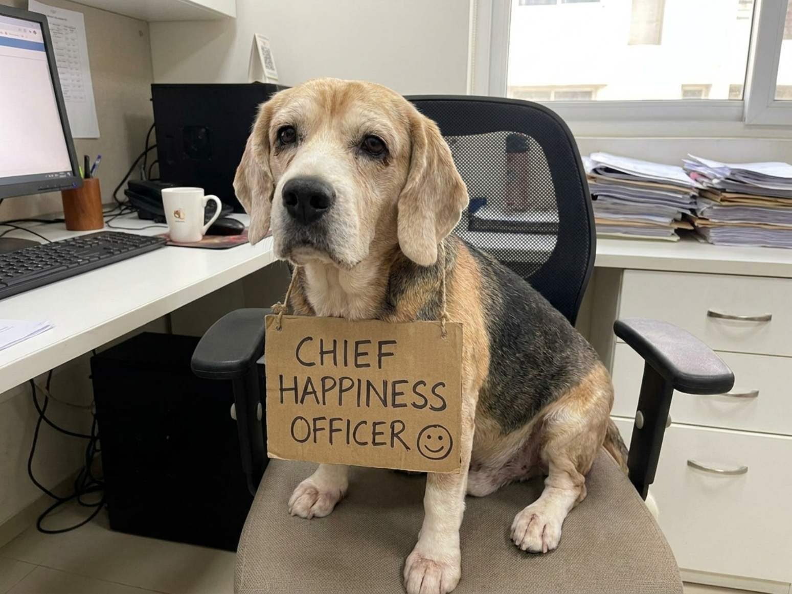 A dog sitting on an office chair in a cluttered office, wearing a sign around its neck that reads "Chief Happiness Officer" with a smiley face.