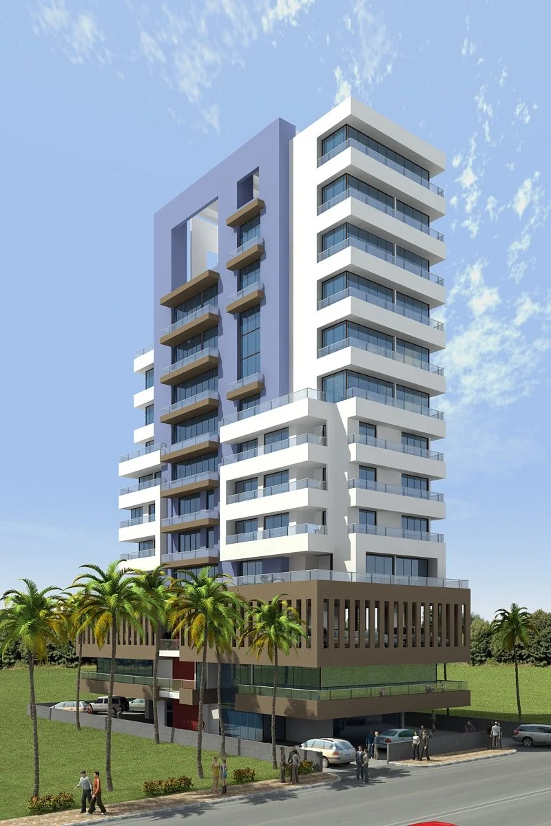 Modern high-rise apartment building with glass balconies, palm trees in front, and cars parked along the street. SVKM girls hostel.