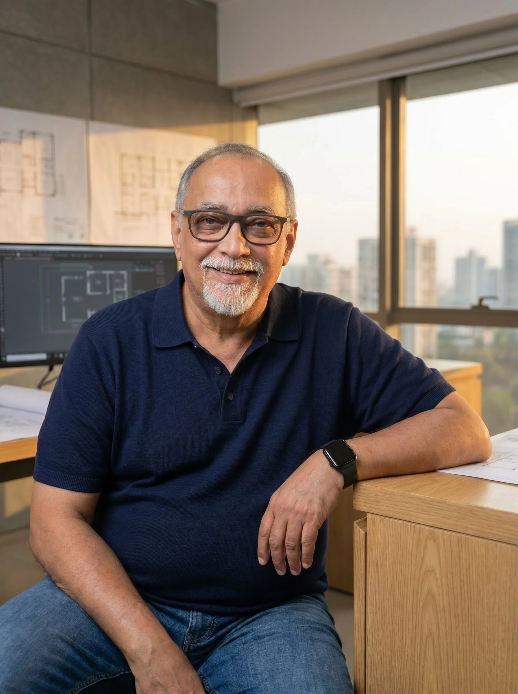 A smiling middle-aged man with glasses and a mustache sitting at a wooden desk in an office with large windows and city buildings in the background.
