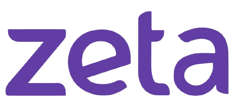Close-up of the colorful Zeta logo with purple and green elements.