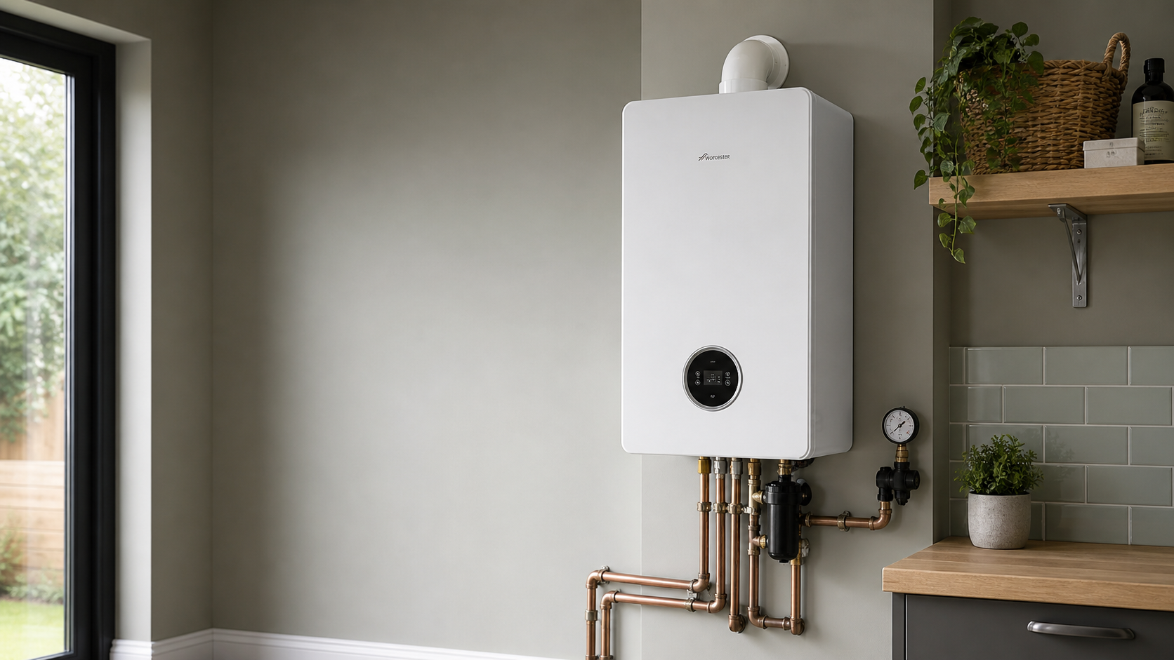 A modern white boiler mounted on a light green wall in a kitchen, with copper pipes, a pressure gauge, and a wooden shelf with plants and bottles nearby.