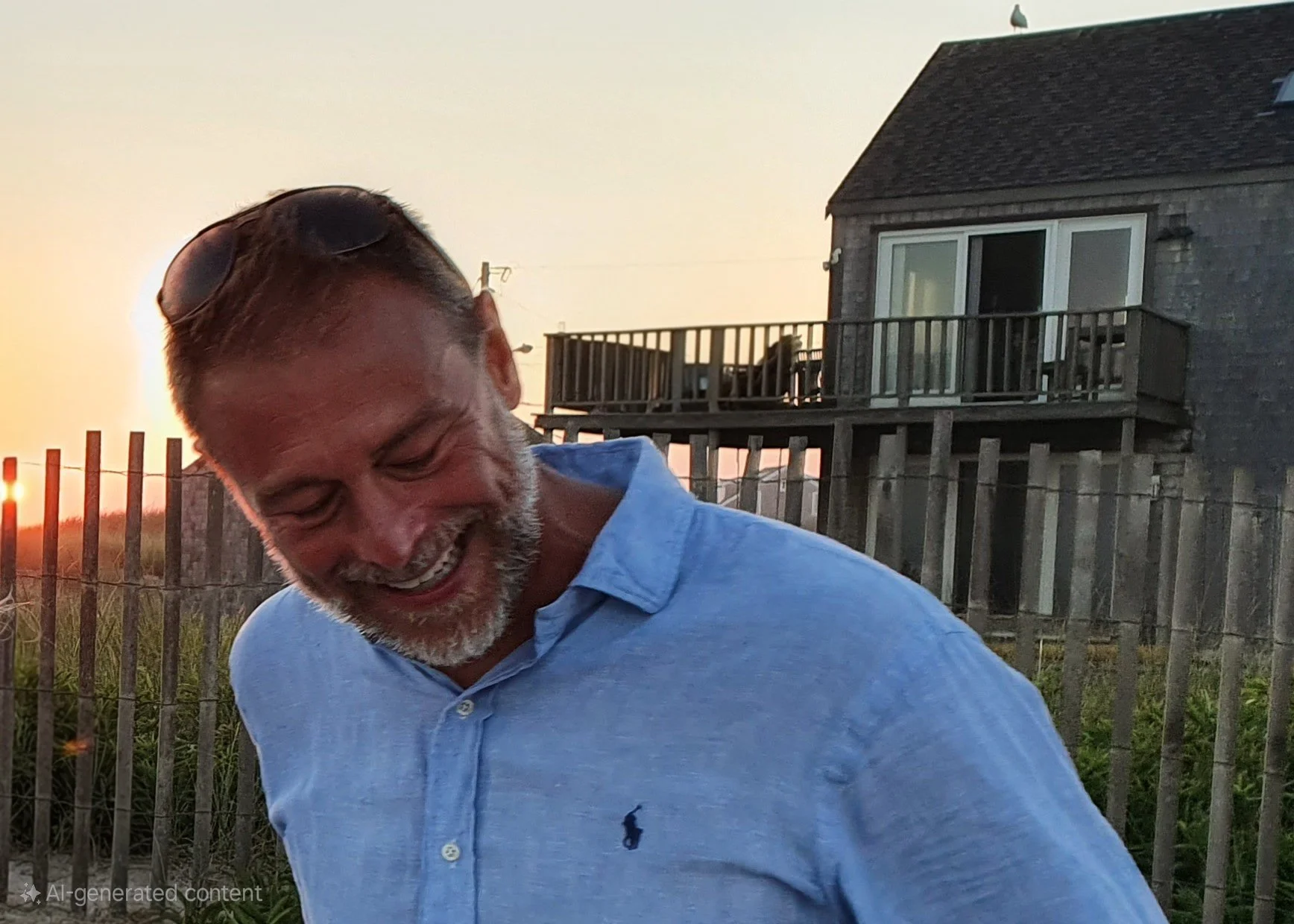 A smiling older man with gray hair and a beard, wearing sunglasses on his head and a light blue collared shirt, standing outdoors at sunset with a wooden house and a fence in the background.