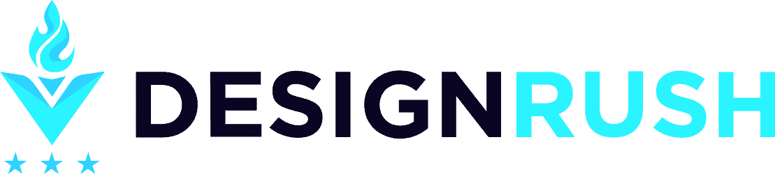 Logo de DesignRush avec une icône stylisée représentant une flamme en bleu au-dessus du texte