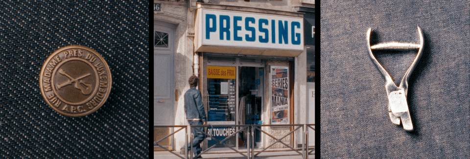 Close-up of a round bronze pressing badge, a storefront with a blue sign reading "PRESSING" and a person walking by, and a small metal shoehorn keychain on a textured surface.
