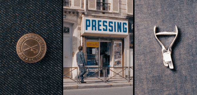 Close-up of a metallic zipper pull, a scene outside a Pressing store with posters and people walking by, and a fabric with a sewn button and a logo patch.