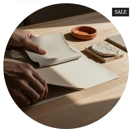 Person flipping through a ceramic tile sample book with tiles and a small orange dish on a wooden table, sale label in corner.