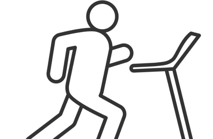 A simple black and white line drawing of a person running away from a desk or table.