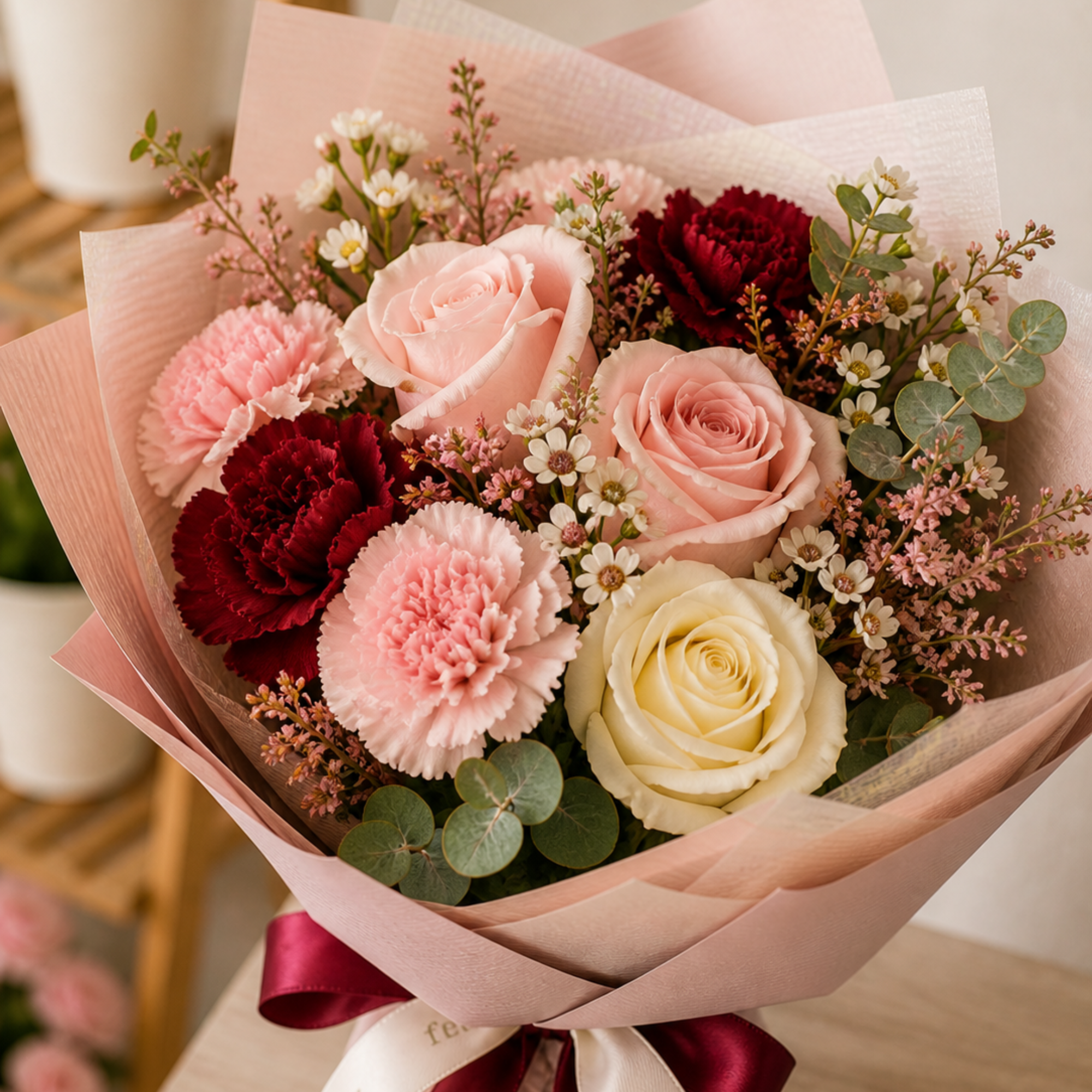 Bouquet of pink roses, red carnations, white daisies, and greenery wrapped in pink and cream paper with a burgundy ribbon.