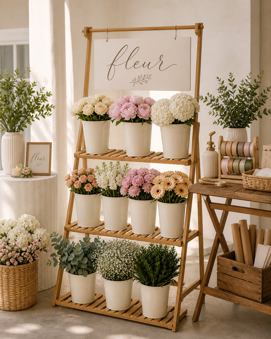 A floral display with pink, white, and cream-colored flowers in white pots on a wooden stand, with green leafy plants nearby and decorative signage that says 'fleur'