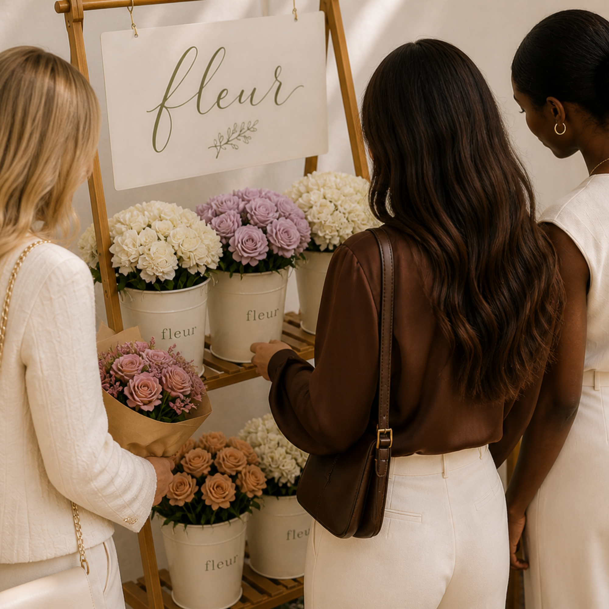 Three women are looking at flower arrangements in buckets labeled "fleur" at a flower shop or floral market.