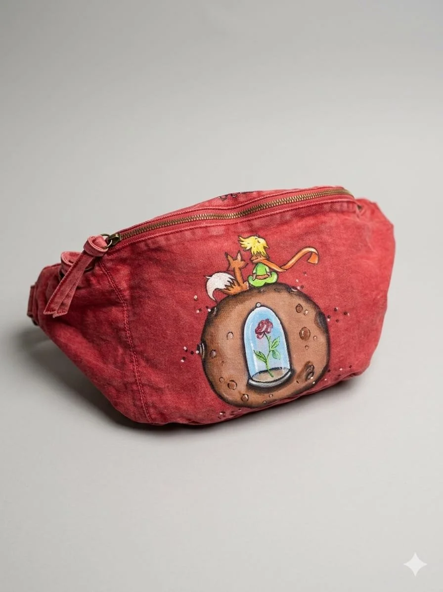 Borsa rossa con disegno di un'esploratore con coda di leone e un gatto seduti su un pianeta con grande foro, che mostra un fiore sotto una cupola di vetro.