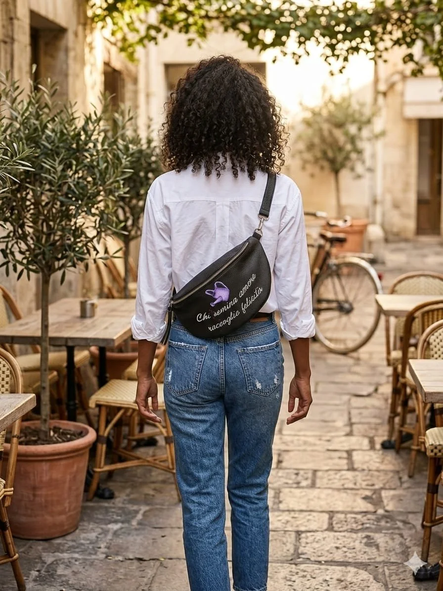 Donna con capelli ricci corti indossa una camicia bianca e jeans, porta una borsa nera con scritte e disegno e cammina in una strada acciottolata all'aperto con tavoli e sedie in stile rustico, piante e biciclette.