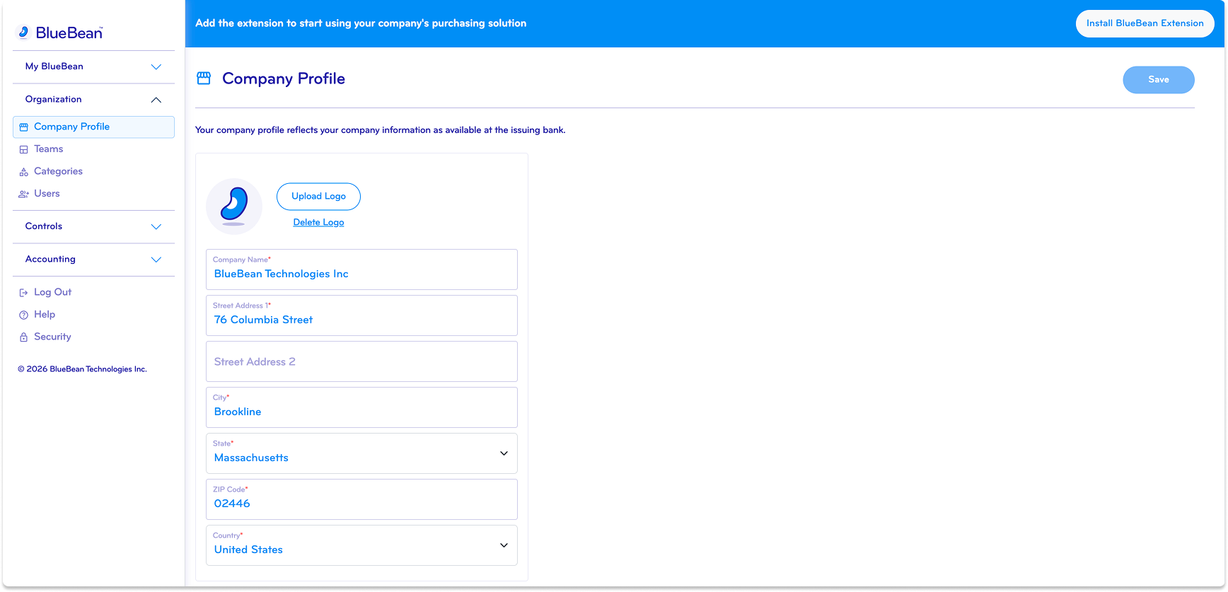 Company profile page on BlueBean platform with sections for uploading logo, company details, and navigation menu on the left.