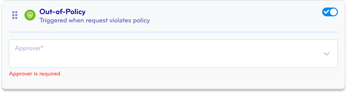 Screenshot of a webpage or app settings indicating an 'Out-of-Policy' trigger for a request violating policy, with a toggle switch turned on and an error message in red stating 'Approver is required'.