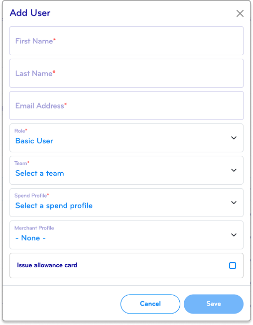Screenshot of an online user registration form with fields for first name, last name, email address, role, team, spend profile, merchant profile, and an option for issue allowance card, along with cancel and save buttons.