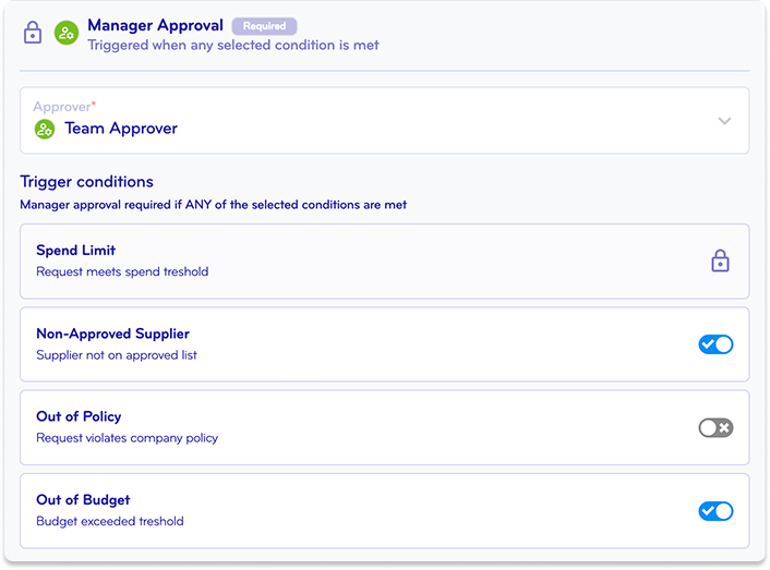 Screenshot of a procurement approval interface with options for trigger conditions, including spend limit, non-approved supplier, out of policy, and out of budget, with toggles and lock icons.