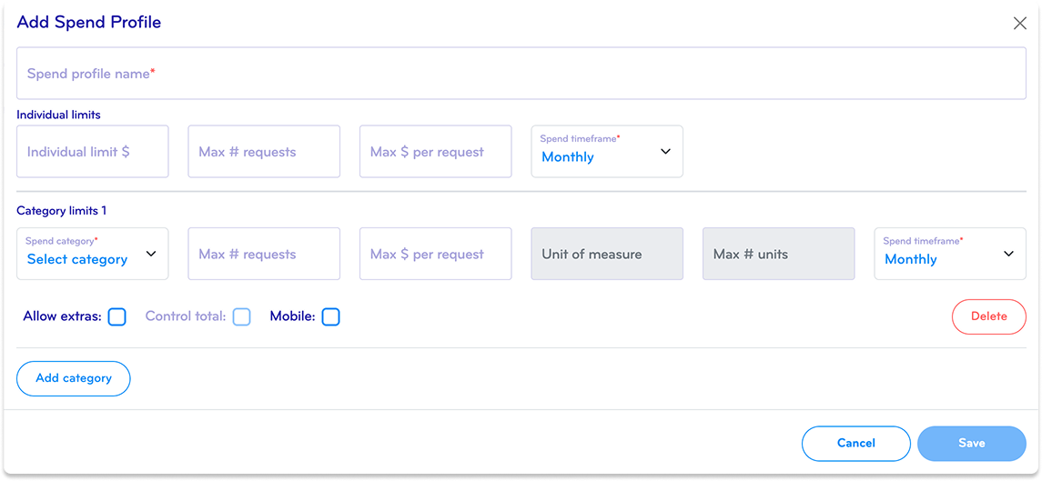 Screenshot of an online form titled 'Add Spend Profile' with fields for profile name, individual limits, category limits, spend timeframe, categories, and options to add categories, cancel, save, or delete.