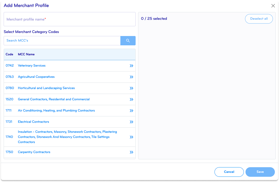 Screenshot of a software interface for adding a merchant profile, showing a list of merchant category codes such as Veterinary Services, Agricultural Cooperatives, Horticultural and Landscaping Services, General Contractors, HVAC Contractors, Electrical Contractors, and Carpenters.