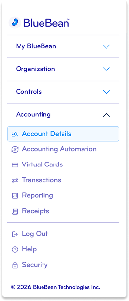 Screenshot of BlueBean application menu showing sections for My BlueBean, Organization, Controls, Accounting, Account Details, Accounting Automation, Virtual Cards, Transactions, Reporting, Receipts, Log Out, Help, and Security.