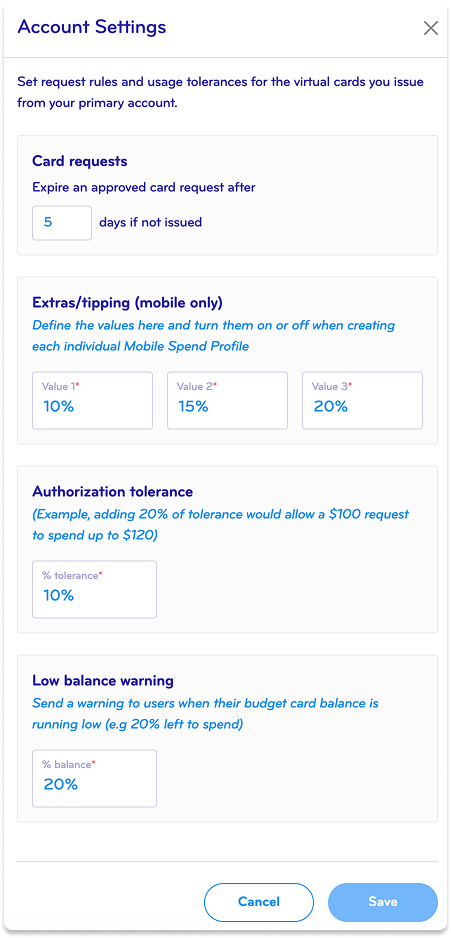 Screenshot of account settings for virtual card request rules, including options for card expiry, extras/tipping values, authorization tolerance, and low balance warning thresholds.