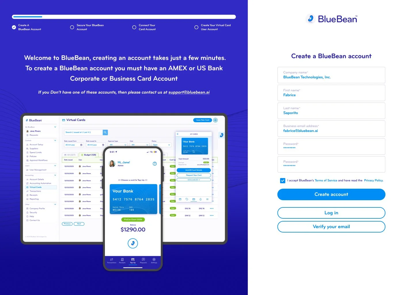 BlueBean account creation webpage with a form to enter company name, first name, last name, email, password, and options to create or log in, alongside a visual of a computer and mobile app displaying digital banking interface.