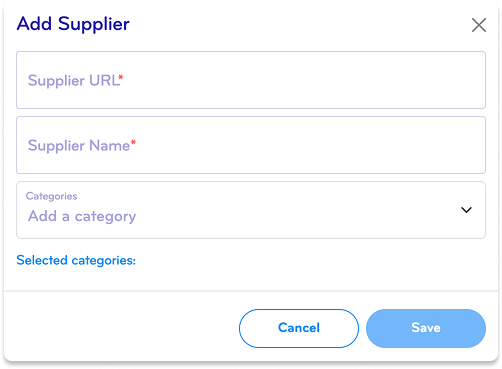 Screenshot of an online form titled 'Add Supplier,' with fields for 'Supplier URL,' 'Supplier Name,' and a dropdown menu for 'Categories,' along with 'Cancel' and 'Save' buttons.