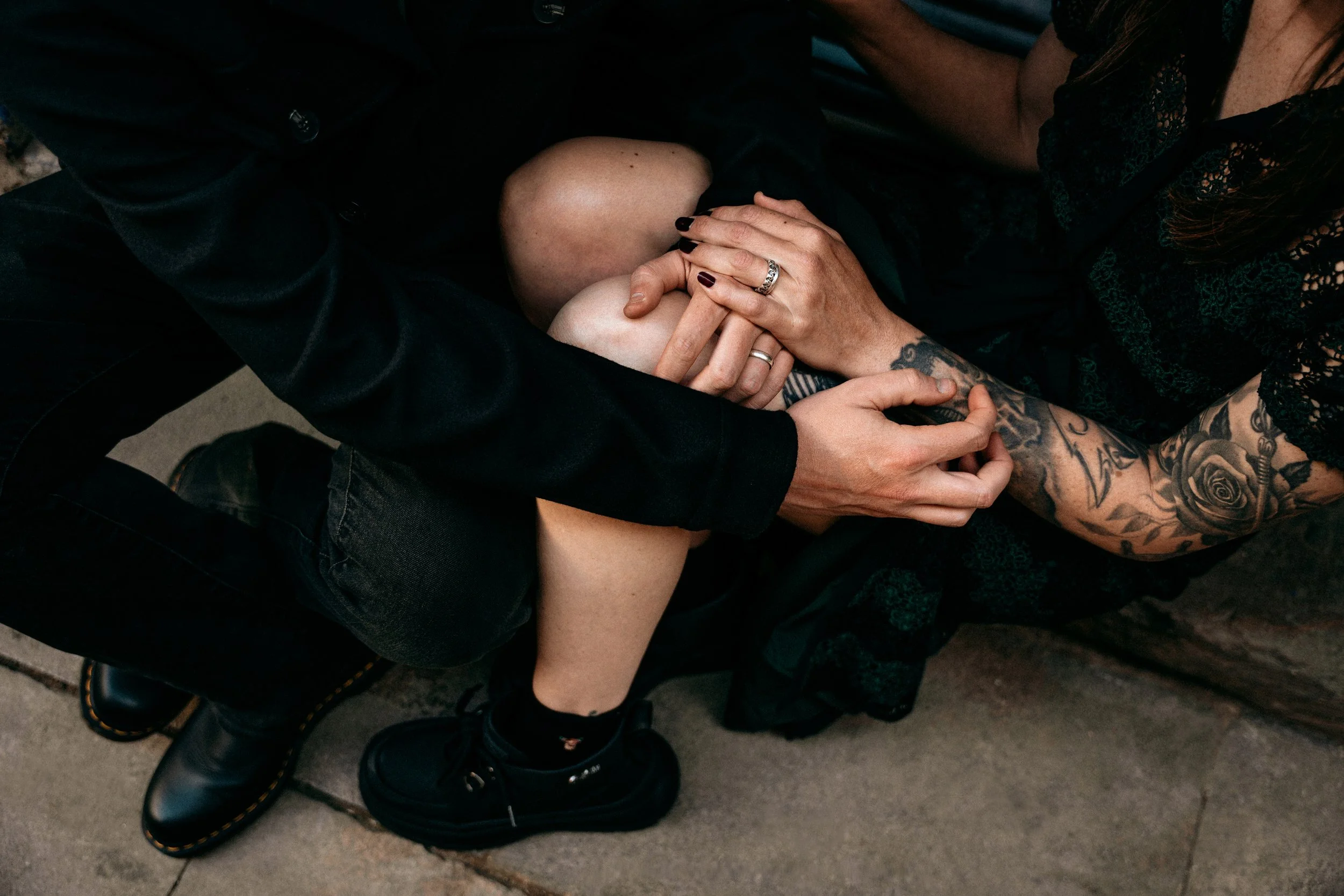 Detail shot of couple's hands and rings during portrait session in Barcelona — Whip & Honey
