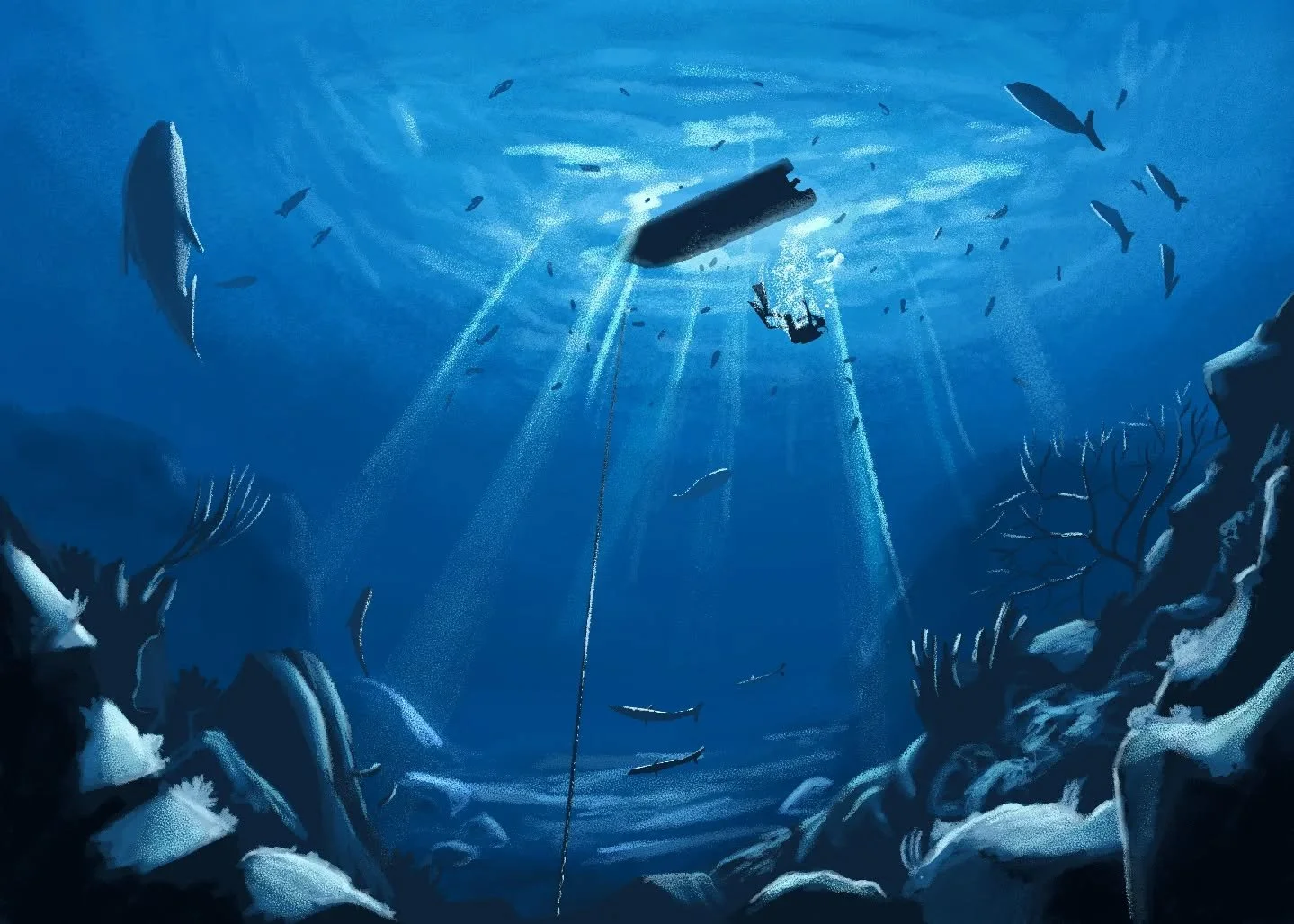 #3
Pronto per la sua ricerca egli si tuff&ograve;

Nella calma

Nel profondo ed accogliente abbraccio del mondo sommerso

#illustration#bcbf26#storia#narrazione
