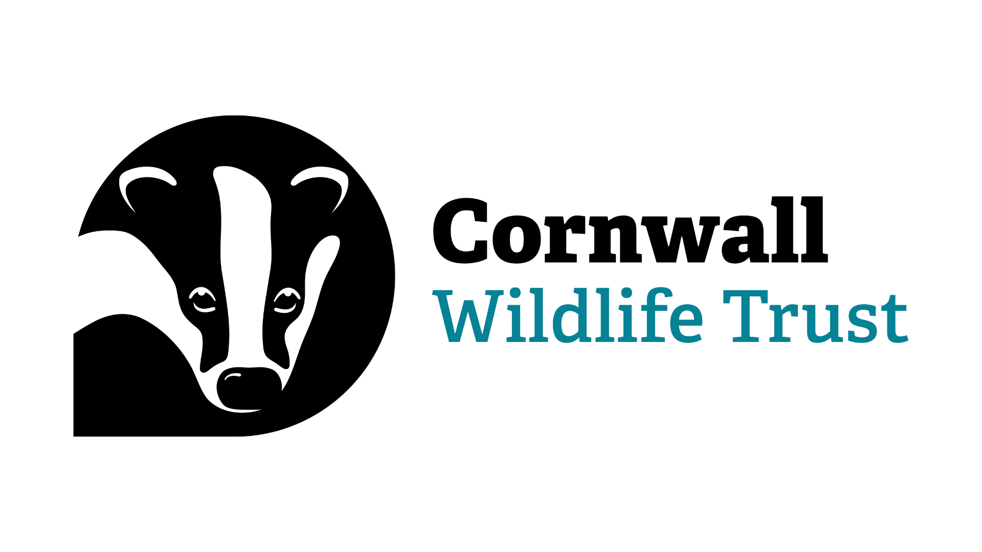 Logo of Cornwall Wildlife Trust with a black and white badger head and the text "Cornwall Wildlife Trust" in black and blue.