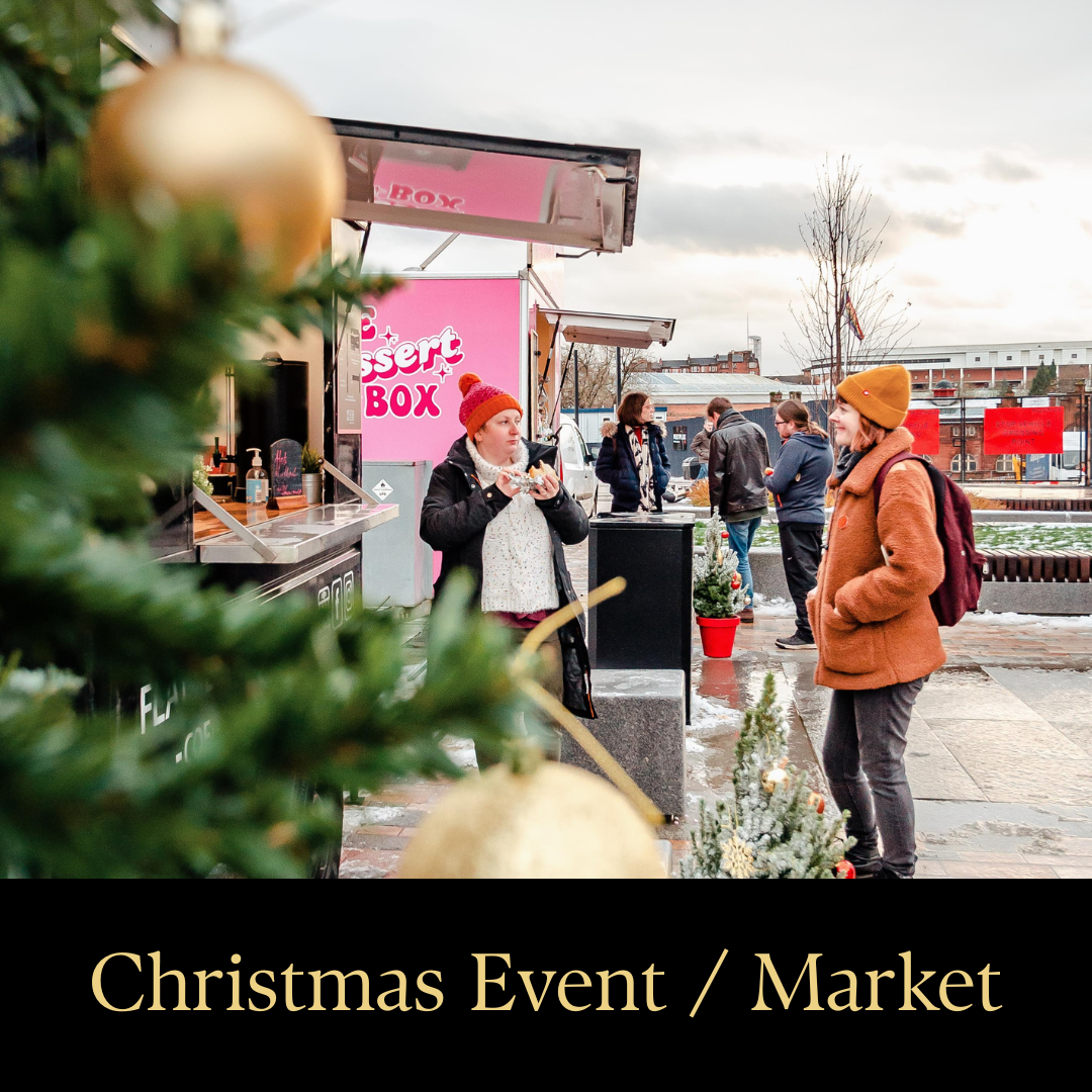 Christmas market catering with festive food stalls and seasonal decorations
