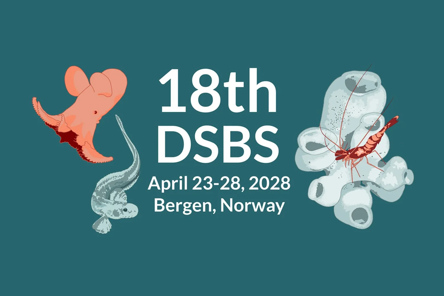 Event banner for the 18th DSBS conference held in Bergen, Norway from April 23-28, 2028, featuring illustrations of marine life including a eelpout, a shrimp, an octopus, and a sponge.