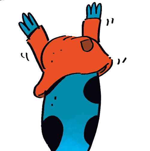 Cartoon character with an orange hat and blue gloves raising arms, seen from behind.