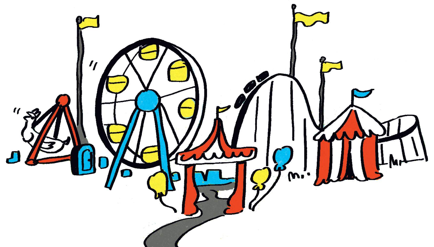 Colorful amusement park with a Ferris wheel and carnival tents.