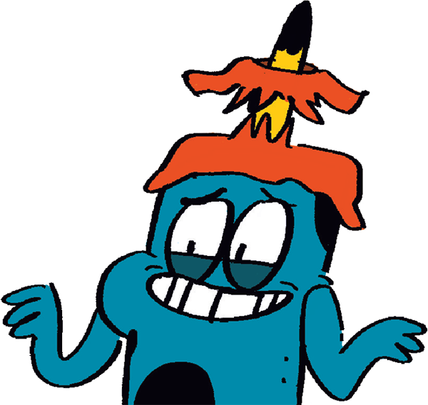 A cartoon blue character with glasses, a wide smile, and short arms, wearing a witch hat with orange, black, and yellow colors, and an orange wig.
