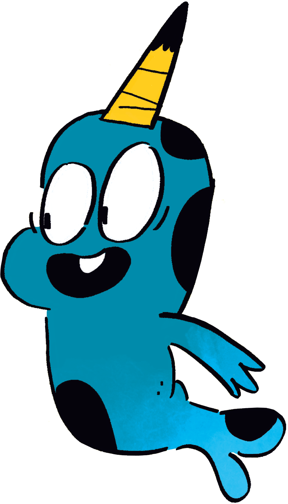 Animated blue character with black spots, large eyes, a wide open mouth, a single yellow horn, and a tail.