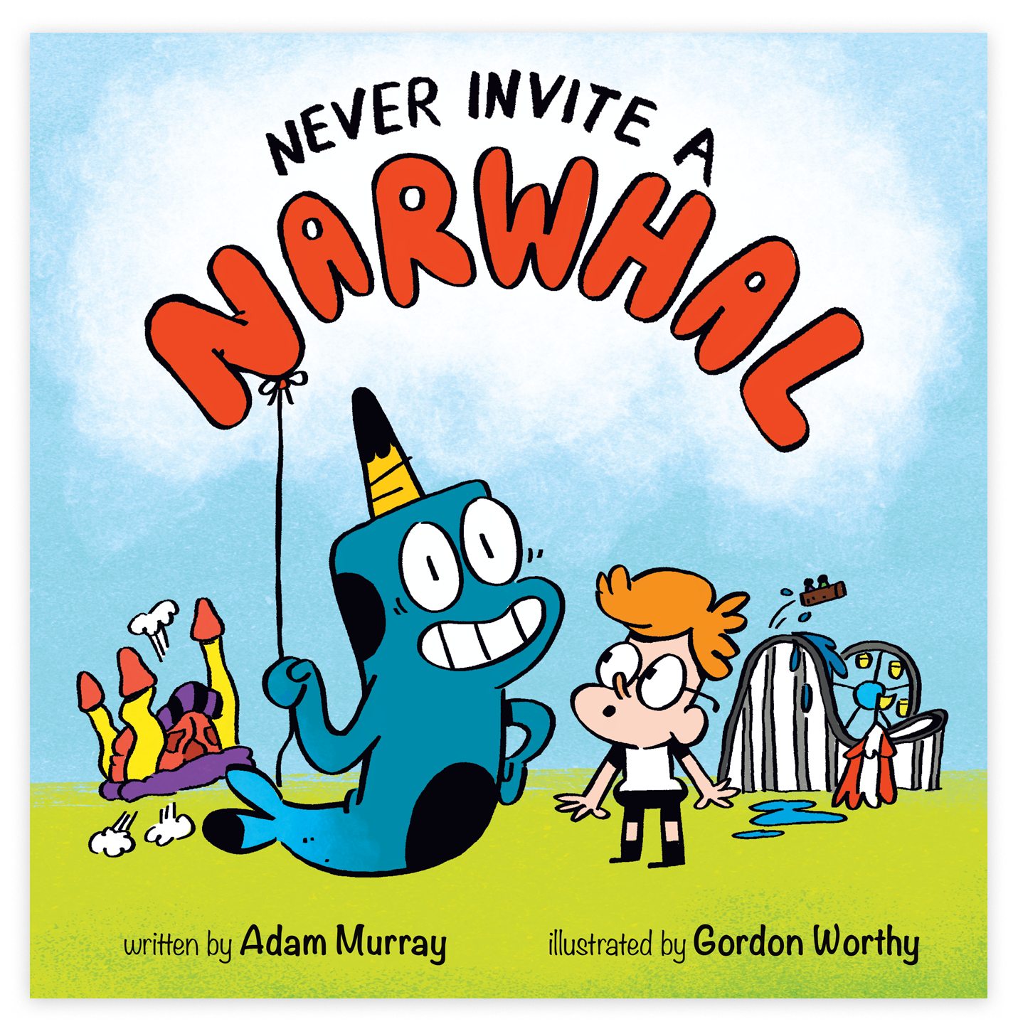 Cover of a children's book titled 'Never Invite a Warthog' featuring a cartoon blue warthog with big eyes and a big smile, a young girl looking at it, playground elements in the background, and the author's name Adam Murray and the illustrator's name Gordon Worthy.