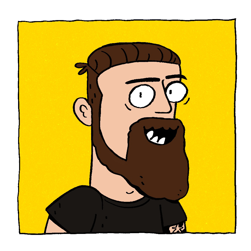 A cartoon illustration of a man with a beard and mustache, wearing a black shirt, set against a yellow background.
