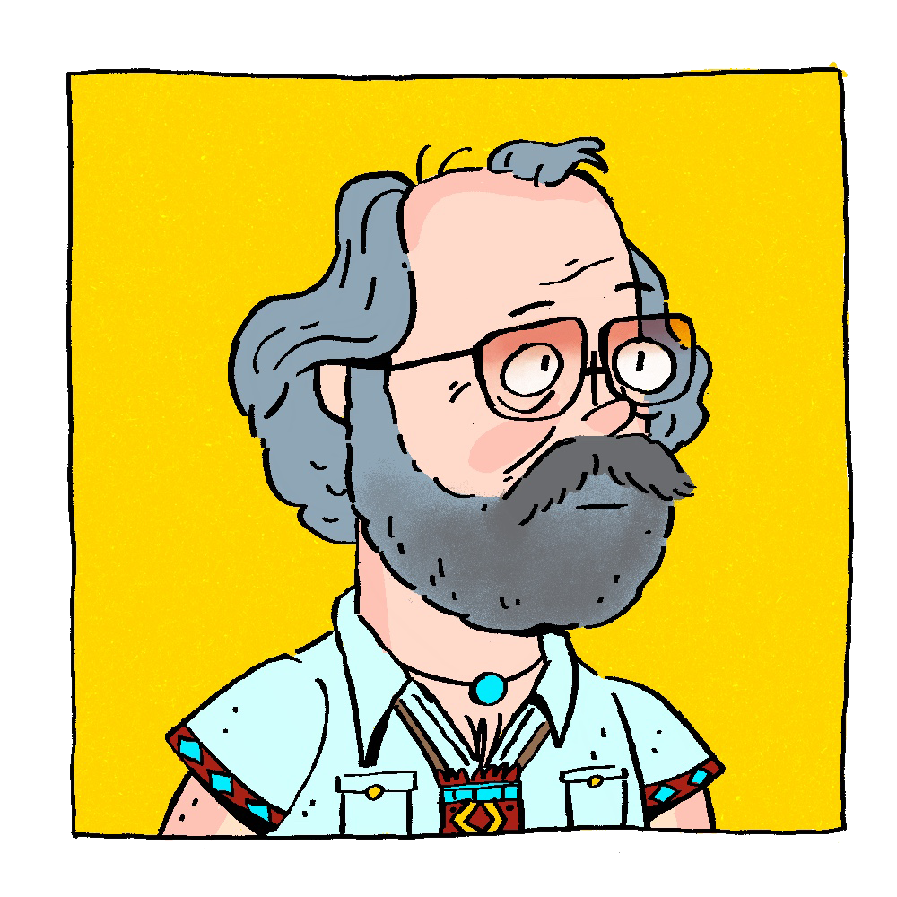 Cartoon illustration of an older man with glasses, a beard, and gray hair, wearing a patterned shirt and a necklace, set against a yellow background.