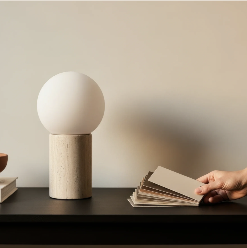 A modern lamp with a round white shade on a wooden base, placed on a dark surface next to a hand holding a fan of paper samples.