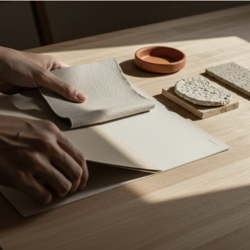 Person flipping through a sample book with fabric or material swatches, on a wooden table with ceramic dishware, a textured stone piece, and a rectangular tile.